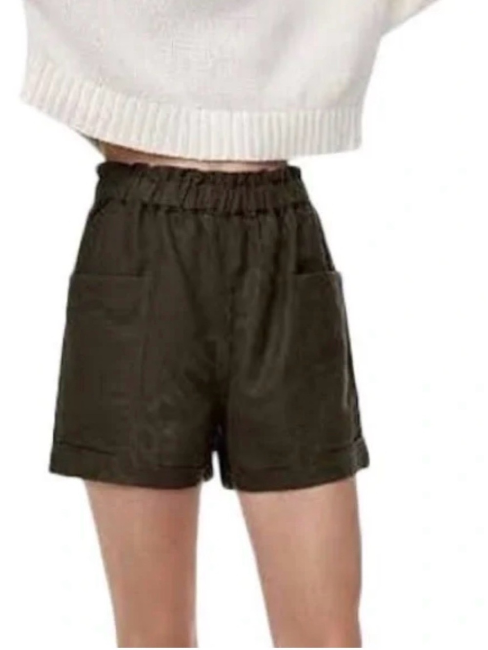 Aritzia Wilfred Free High Waist Paperbag Cargo Shorts Green Elastic Pull On XS